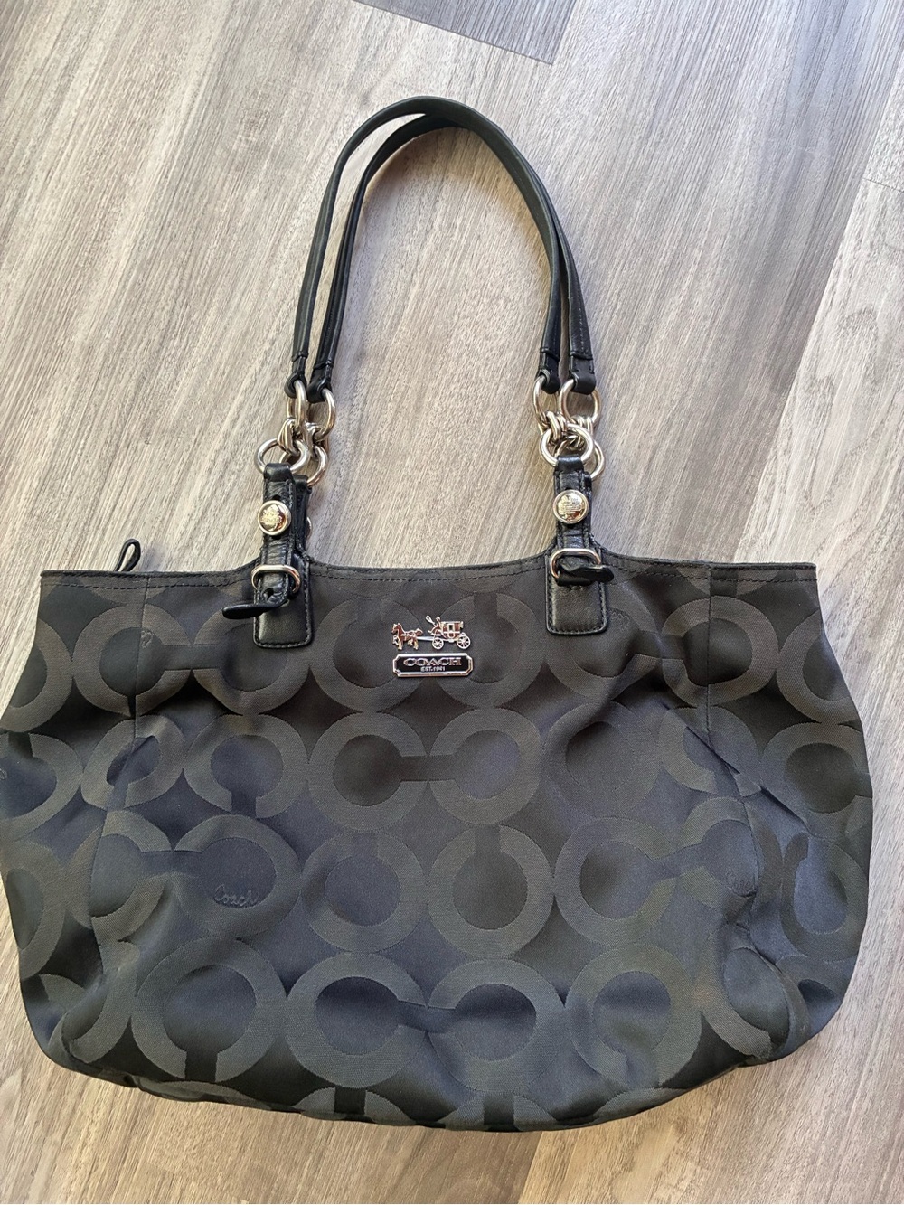 Vintage COACH Mia Op Art Sateen Tote Bag - Black Monogram - Style 15746